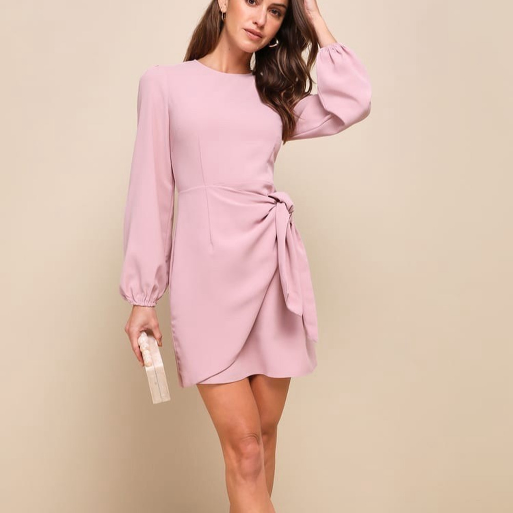 Womens Lulus Size Large Rose Pink Long Sleeve Tie Front Skater Dress Elegant